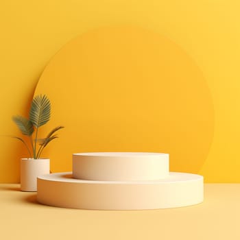 3d podium with 2 parts on yellow background for cosmetic product. Minimalistic decor, daylight. Can used for goods on pedestal - cosmetic creams, lotion.
