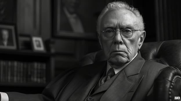 A man in a blackandwhite suit and tie sits in a chair, his portrait captured in monochrome photography, highlighting the wrinkles and shadows in the darkness