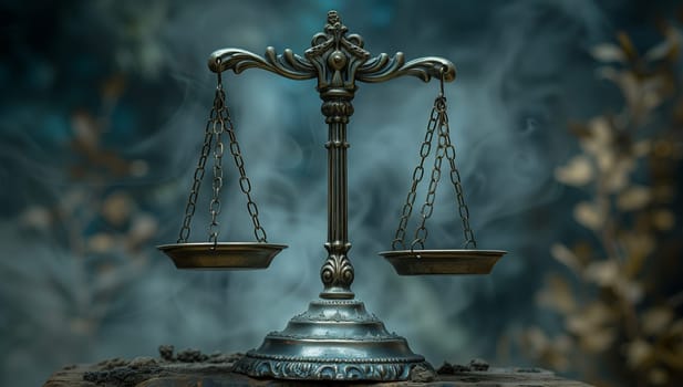 A religious item, a scale of justice, is placed on a wooden table. It is a symbol of balance and fairness in the darkness, resembling art in a cemetery