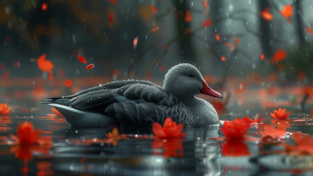 A duck with a bright yellow beak is gracefully gliding through the water in a pond, while being surrounded by vibrant red leaves