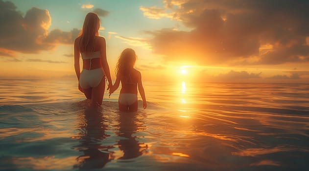 A woman and a child are standing in the water at the beach during sunset, holding hands and looking at the beautiful sky and clouds, creating a happy and peaceful moment in this natural landscape