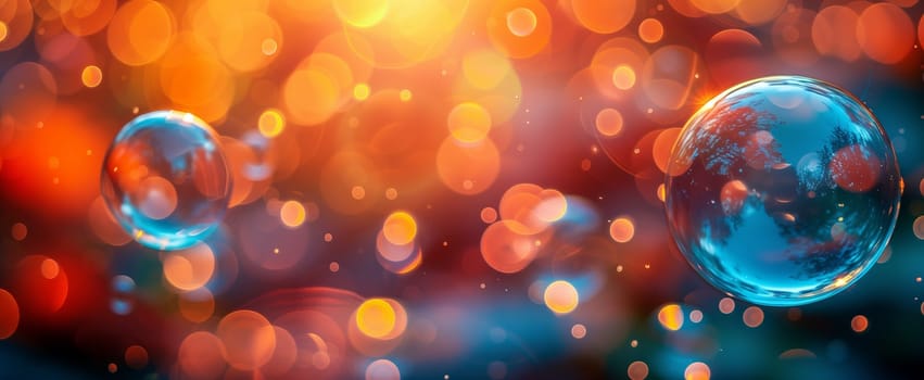 Colorfulness fills the air with soap bubbles on an amber and orange backdrop. The gas creates a pattern of circles in electric blue, magenta hues. A fun and vibrant event