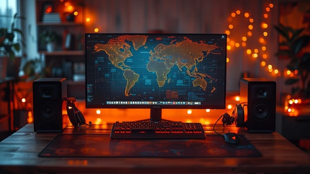 An electric blue computer monitor displaying a map of the world rests on a wooden desk, adding an artistic touch to the performing arts centers stage