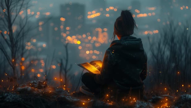 A woman is immersed in the atmospheric phenomenon of darkness while sitting on a rock, reading a book in the depths of a dark forest. The landscape is serene and mysterious