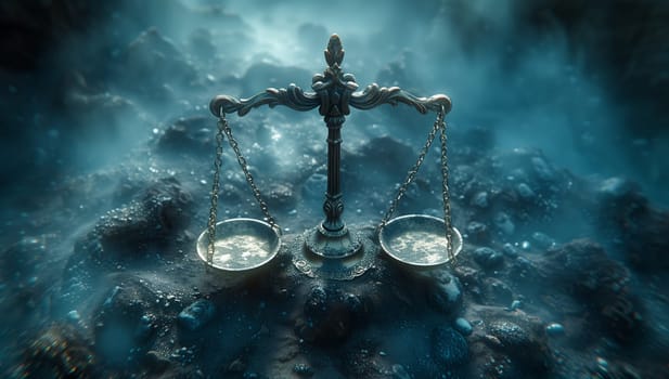 a libra scale is sitting on top of a rock in the water . High quality