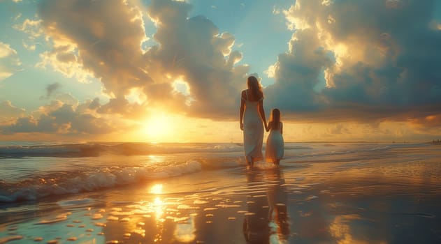 A woman and a little girl are strolling on the beach at dusk, admiring the vibrant colors of the sky and the calming water