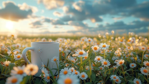 A cup of coffee is placed amongst the flowers and plants in a field of daisies, under a cloudy sky in the natural landscape of a grassy meadow