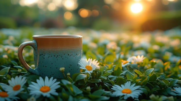 A coffee cup is placed amidst a field of daisies, bathed in the warm light of the sunset, blending with the greenery of nature