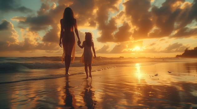 A woman and a child are strolling along the sandy beach, admiring the vibrant colors of the sunset reflecting on the water and sky