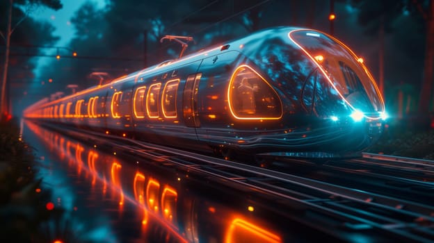 An electric blue futuristic train is speeding down the tracks at midnight, illuminated by automotive lighting. It is a stunning display of technology and transportation in the darkness