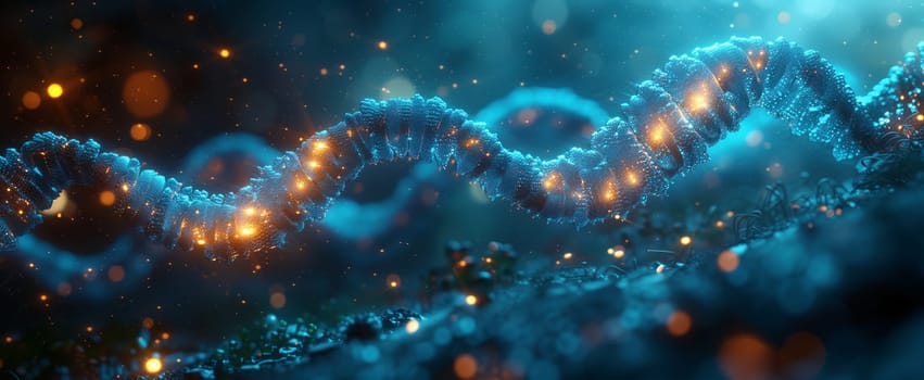 An underwater closeup of a DNA strand with electric blue lights illuminating it, resembling an astronomical object in the darkness. A stunning blend of science, art, and intricate patterns