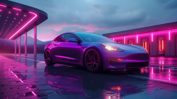 A violet Tesla Model 3 is parked in front of a building, showcasing its sleek automotive design with its shining wheels and tires