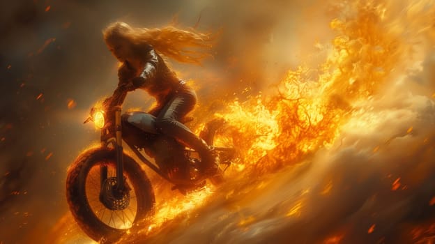 A stunt performer is navigating a motorcycle through a fire trail, leaving tire tracks on the landscape as if creating a work of art amidst the heat of the event