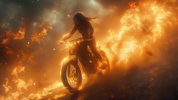 A woman is navigating her motorcycle through flames, with the wheel and tire spinning as the vehicle speeds through the fiery landscape towards the cloudy sky