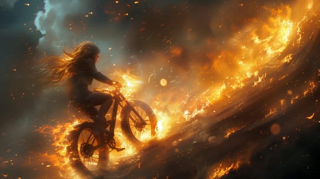A woman is driving her motorcycle through a ring of fire, creating a dramatic and atmospheric scene with the element of heat and darkness accentuating the landscape