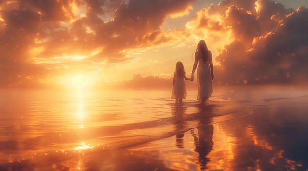 Under the redorange sky, a woman and a child stroll on the sandy beach at dusk, hand in hand. The clouds reflect in the liquid water as the afterglow of the sunset colors the natural landscape