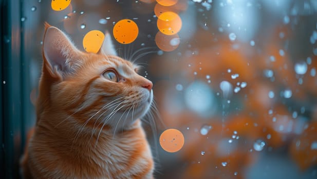 A Felidae carnivore with whiskers and fur, the cat is gazing out of a window at the rain, showcasing its small to mediumsized cat features in a closeup event