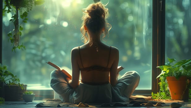 A woman is leisurely sitting in a lotus position by the window, with a houseplant in a flowerpot beside her, enjoying the sunlight filtering through the leaves