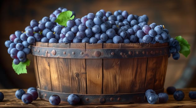 A display of seedless grapes in a wooden barrel on a rustic wooden table, showcasing the natural beauty of the fruit in a creative arts setting