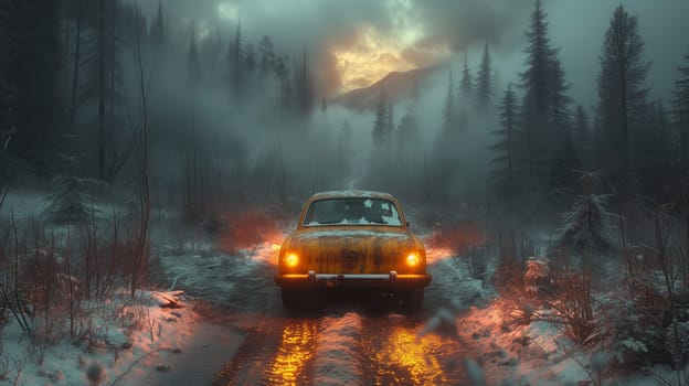 A vehicle is driving through a snowy landscape in the woods, with automotive lighting illuminating the path. The sky is cloudy, and trees line the road