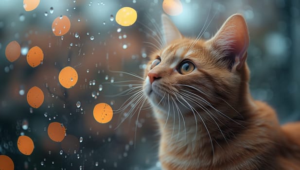 A Felidae, carnivorous and terrestrial animal commonly known as a domestic shorthaired cat with whiskers and fur is gazing out a window at the rain