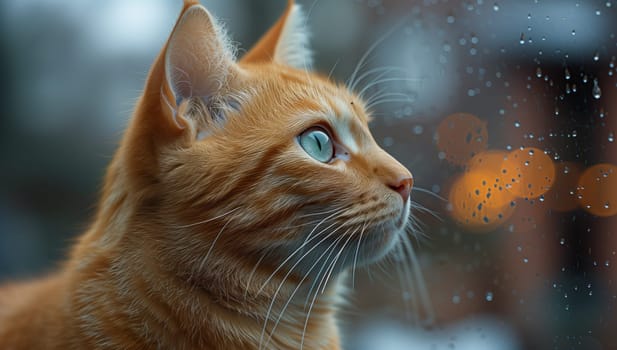 A close up of a Felidae, a small to mediumsized carnivorous cat with fawn fur, whiskers, and a snout, looking out of a window with grass outside