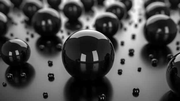 A group of black balls sitting on top of a table, creating an abstract composition.