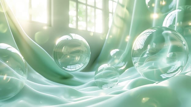 A group of bubbles floating on top of a bed, creating an abstract and visually intriguing sight.