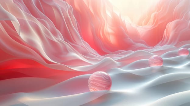 A computer generated image showcasing a landscape featuring abstract red and white elements.