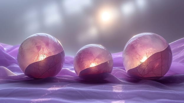 Three glossy glass balls with a reflective surface sit on a vibrant purple cloth, creating an abstract image.