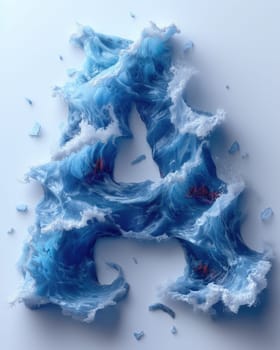 A letter made out of blue and white paper set against a backdrop resembling a sea.