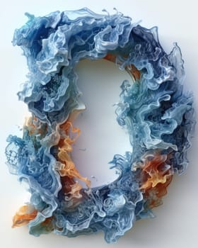 A letter made out of blue and orange fabric floating in the sea.