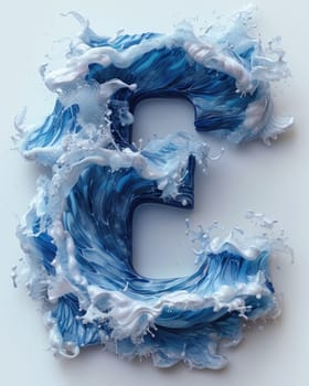 A letter made out of blue and white foam floats on the surface of the ocean.