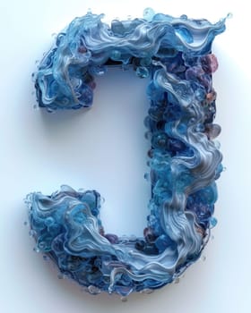 A letter formed by intricate blue and white swirls stands against a backdrop of the sea.