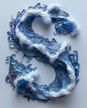 The letter S is creatively crafted using blue and white swirls, resembling the form of the sea.