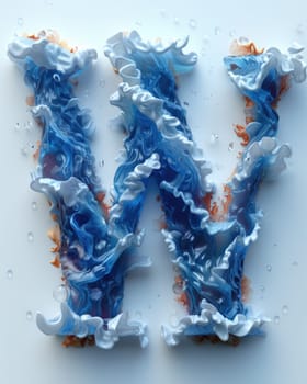 A detailed close-up shot capturing a letter formed with blue and white icing, resembling the sea.