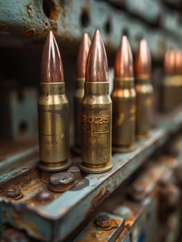 A straight line of bullet casings arranged neatly on top of a shelf.