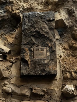 A detailed view of a stone wall featuring a prominent plaque.