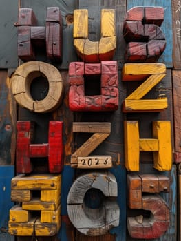 A detailed view of a collection of wooden letters arranged closely together.