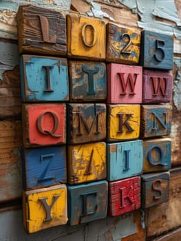 A vibrant wooden block wall hanging adorns the side of a building, adding a burst of color to the urban landscape.