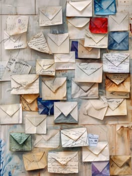A collection of envelopes ranging in size and color are neatly arranged on a wall.