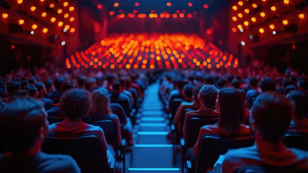 A large group of individuals seated in front of a stage, engaged in an event or performance.