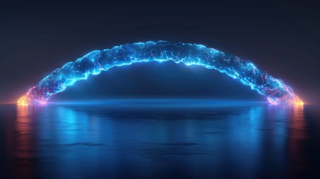 A blue arched structure spans over a body of water under the night sky.