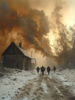 A group of individuals making their way down a road covered in snow.