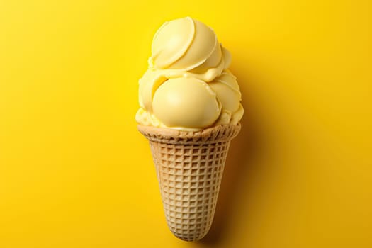 Banana ice cream cone with balls on yellow background close-up for banner.