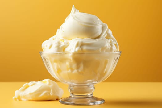 Vanilla ice cream in a glass cup, a large serving of ice cream on a yellow background.
