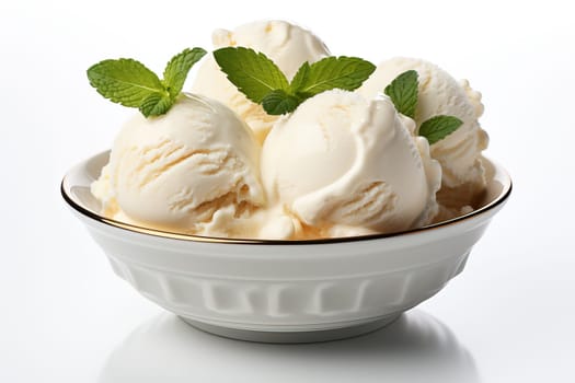 Vanilla white ice cream in bowl isolated on white background closeup for banner.