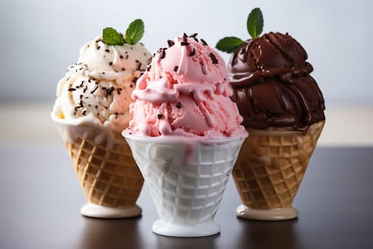 Chocolate ice cream ,strawberry ice cream , vanilla ice cream scoop with cone isolated on white background.