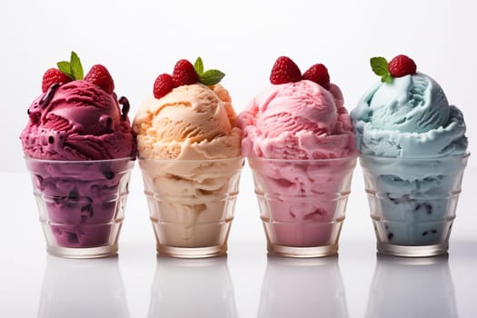 Glasses with various ice creams on a white background, ice cream with mint leaves.