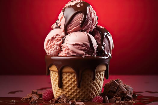 Waffle glass with chocolate balls of ice cream on a red background.